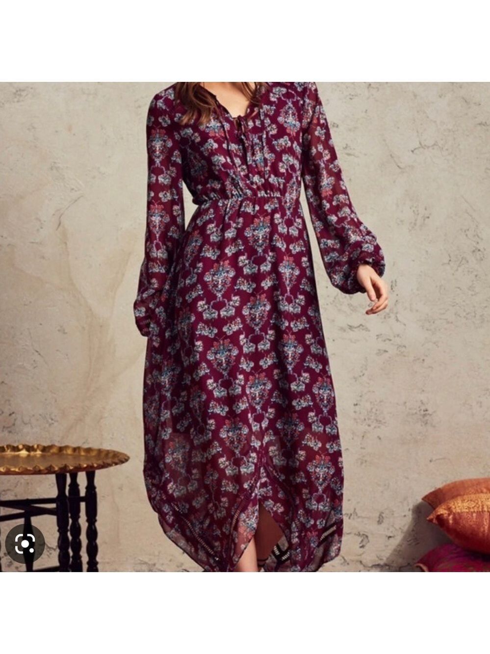 Revolve Tularosa Miranda Maroon Floral Handkerchief Hem Bohemian Festiva…